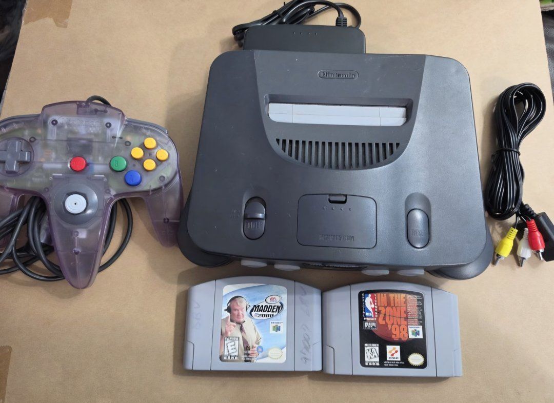 Nintendo 64 N64 Console Grey with Clear Purple Controller and 2 Games (Madden 2000, NBA In The Zone '98)