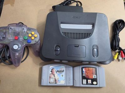 Nintendo 64 N64 Console Grey with Clear Purple Controller and 2 Games (Madden 2000, NBA In The Zone '98)