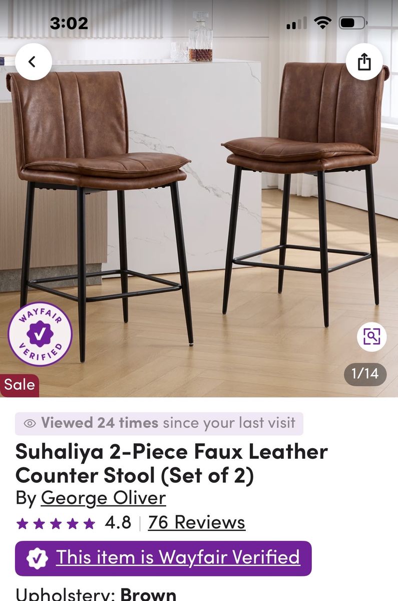George Oliver Suhaliya 2-Piece Faux Leather Counter Stool Set (4 stools total), Brown