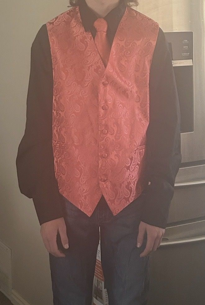 Coral Pink Paisley Vest, Necktie, and Pocket Square Set - Large