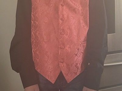 Coral Pink Paisley Vest, Necktie, and Pocket Square Set - Large