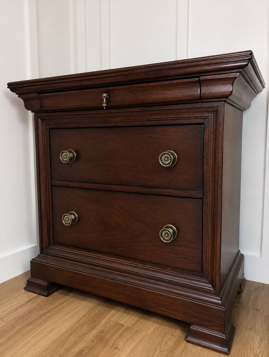 2 Classic Dark Wood Nightstand with 3 Drawers & Brass Pulls
