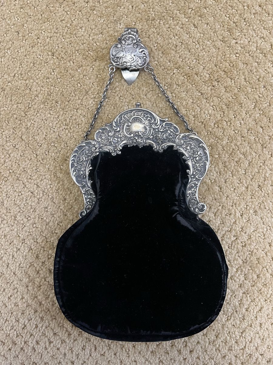 Sterling Silver, Black Velvet Purse/Handbag with Belt Hook-1800's