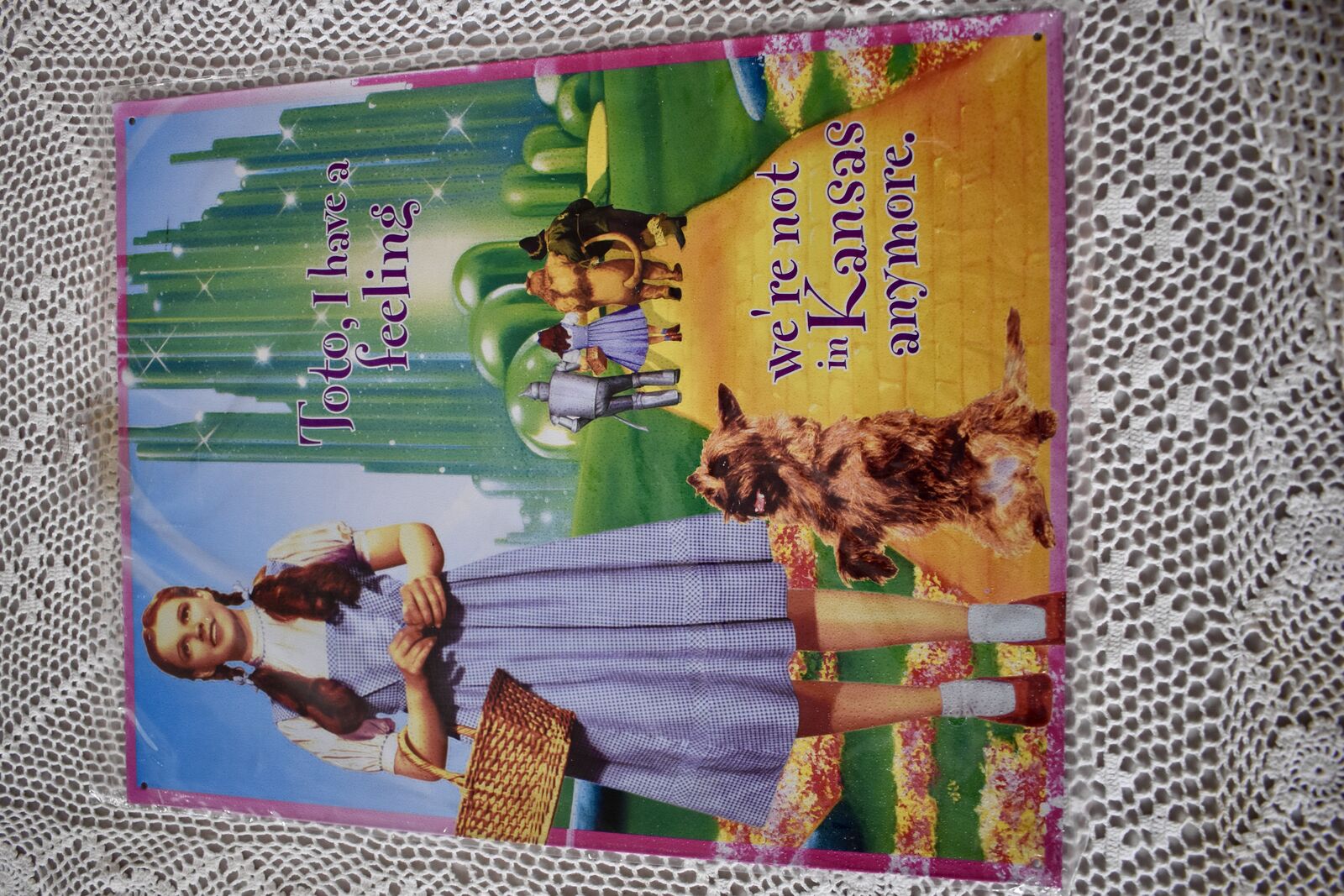 Brand New Large Metal Tin Wizard Of Oz Sign With Dorthy and Toto - With The Saying We’re Not In Kansas Any More -Fun Wall Decor