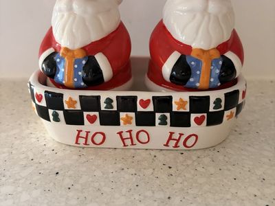 Ceramic Santa Claus Salt and Pepper Shakers with HO HO HO Tray Base Set