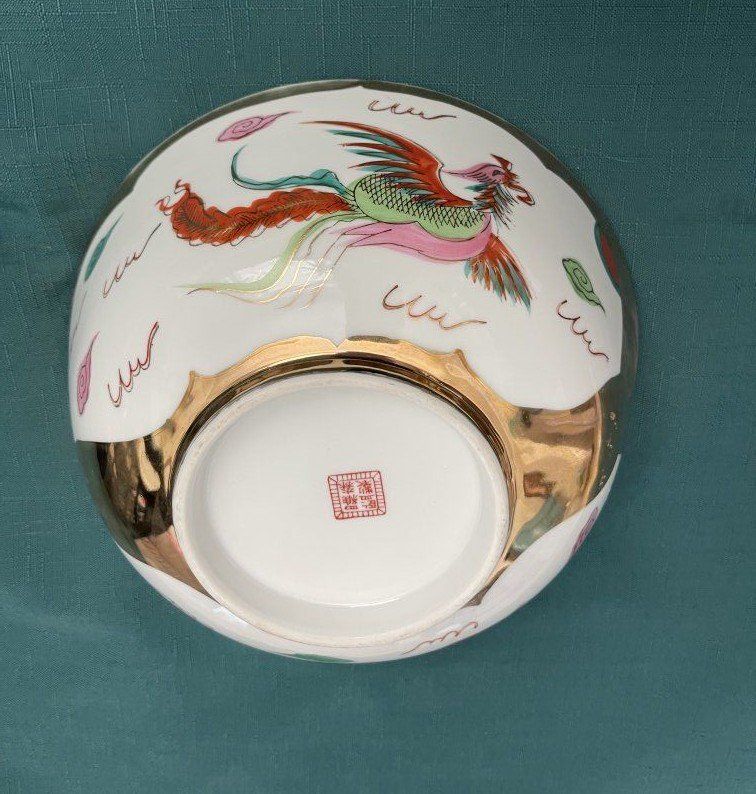 Vintage Hand-Painted Chinese Porcelain Gold Phoenix & Dragon Serving Bowl and personal bowl