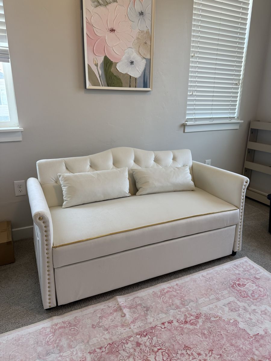 Beige Daybed Sofa Pullout. White Velvet with gold trim