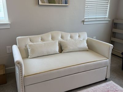 Beige Daybed Sofa Pullout. White Velvet with gold trim