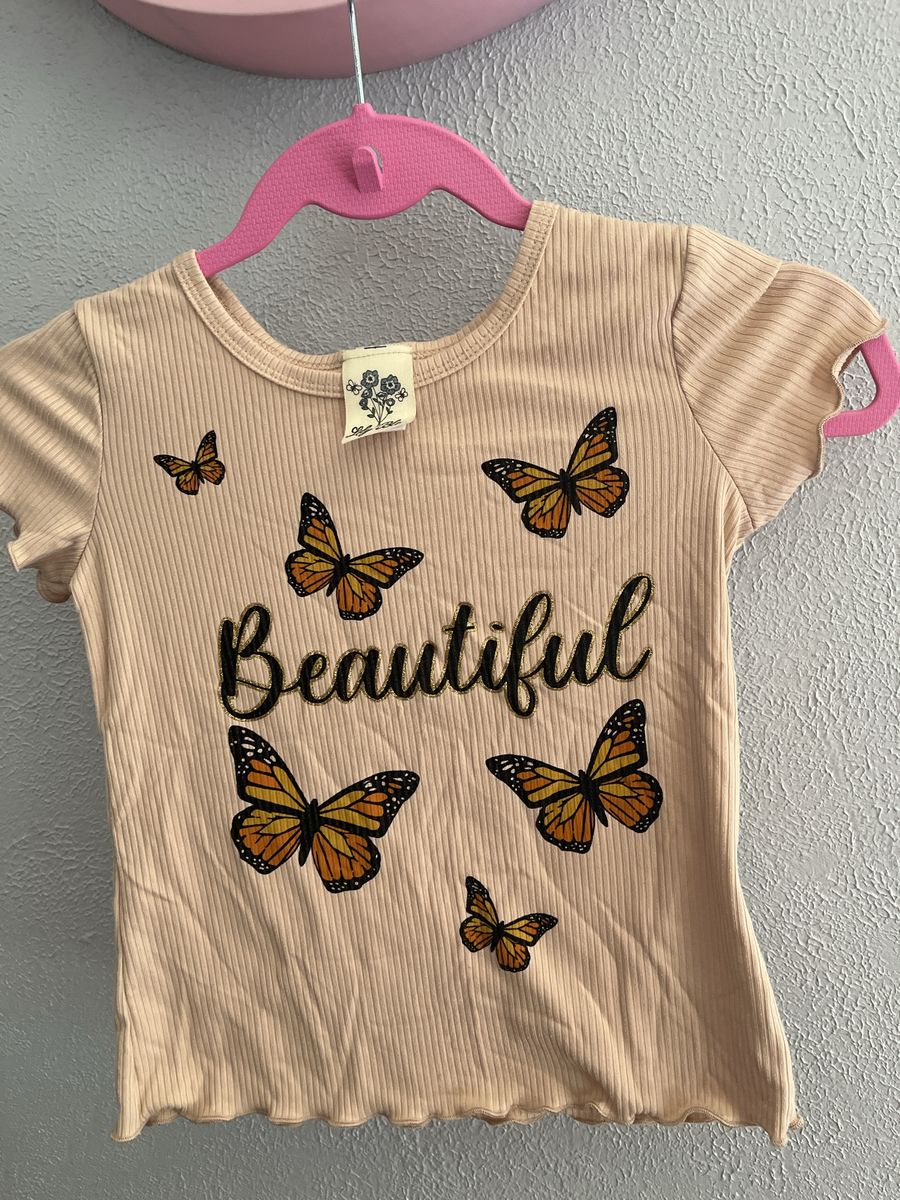 Lily Bleu Girls Beige Ribbed Graphic Top Butterfly Beautiful Size S 7-8