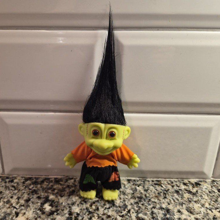 Vintage Frankenstein Troll Doll Green Skin Black Tall Hair Halloween