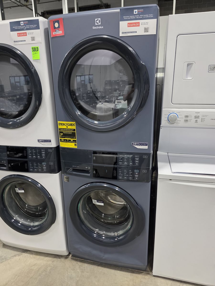 Electrolux 300 Series Laundry Tower — 4.4 Cu Ft Washer & 8 Cu Ft Gas Dryer, Denim Blue, Brand New