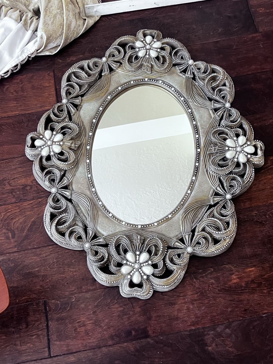 Ornate Silver Floral Wall Mirror with Beaded Accents