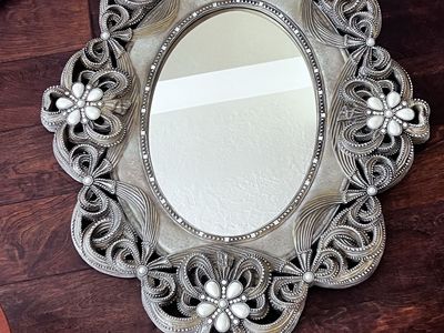Ornate Silver Floral Wall Mirror with Beaded Accents