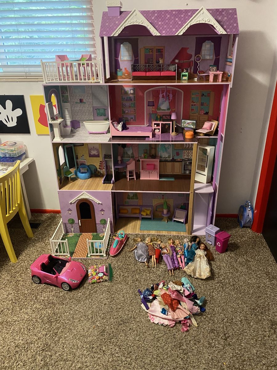 Large Barbie doll house and extras