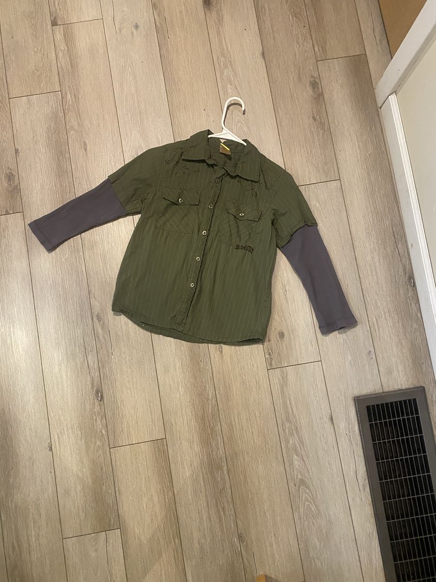 Sideout Boys Green Striped Short Sleeve Shirt with Gray Long Sleeves