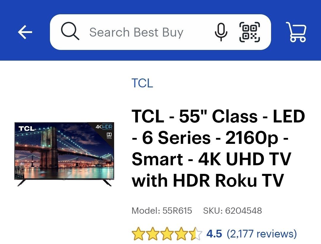 TCL 55" 6-Series 4K UHD HDR LED Smart Roku TV (Model: 55R615)