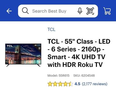 TCL 55" 6-Series 4K UHD HDR LED Smart Roku TV (Model: 55R615)