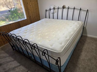 CA King Pillow Top Mattress, Box Spring Wrought Iron Sleigh Frame