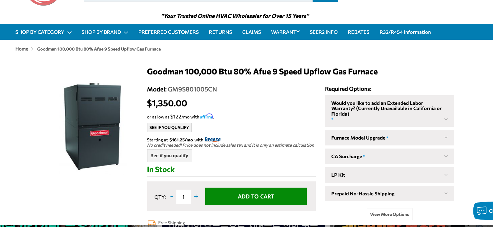 Sale for Goodman 100,000 Btu 80% Afue 9 Speed Upflow Gas Furnace