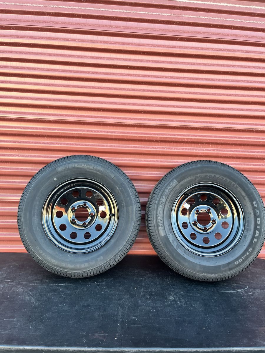 New Set of 2 Hi Run ST 205/75 R 15 Trailer Tires Mounted on New Black Mod Wheels Heavy Duty 8 Ply D Load 5 on 4.5 Lug Pattern