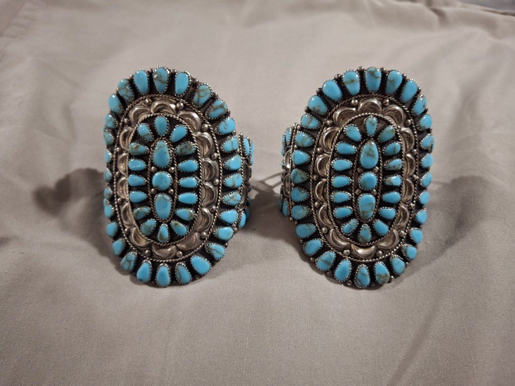 Native American Sterling Silver Turquoise Cluster Cuff Bracelet (Pair)