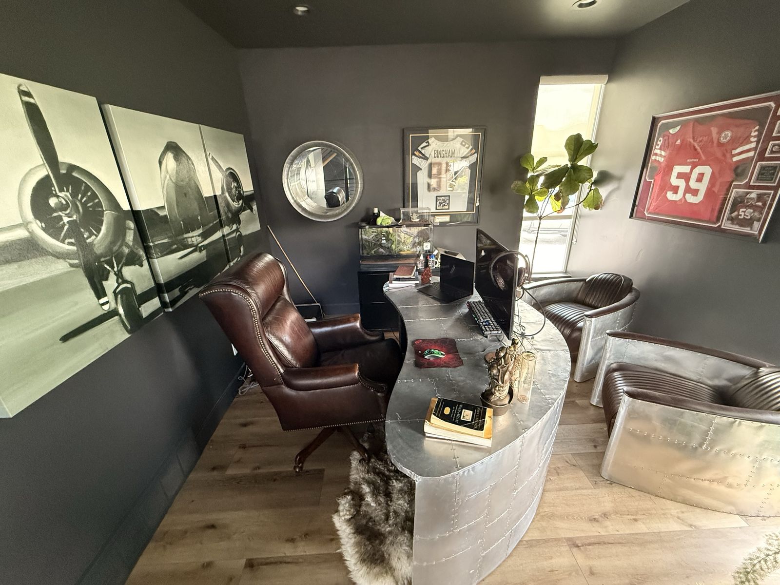Aviator Industrial Office Set – Aluminum Aircraft Desk, 2 Club Chairs, Mirror & 3-Piece Aviation Art
