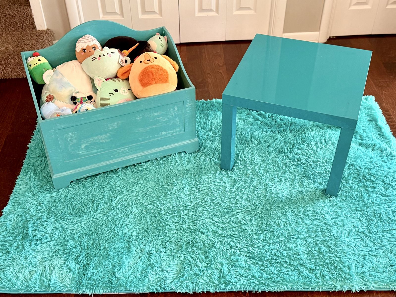 Teal Bedroom Table, Rug, and Toy Chest