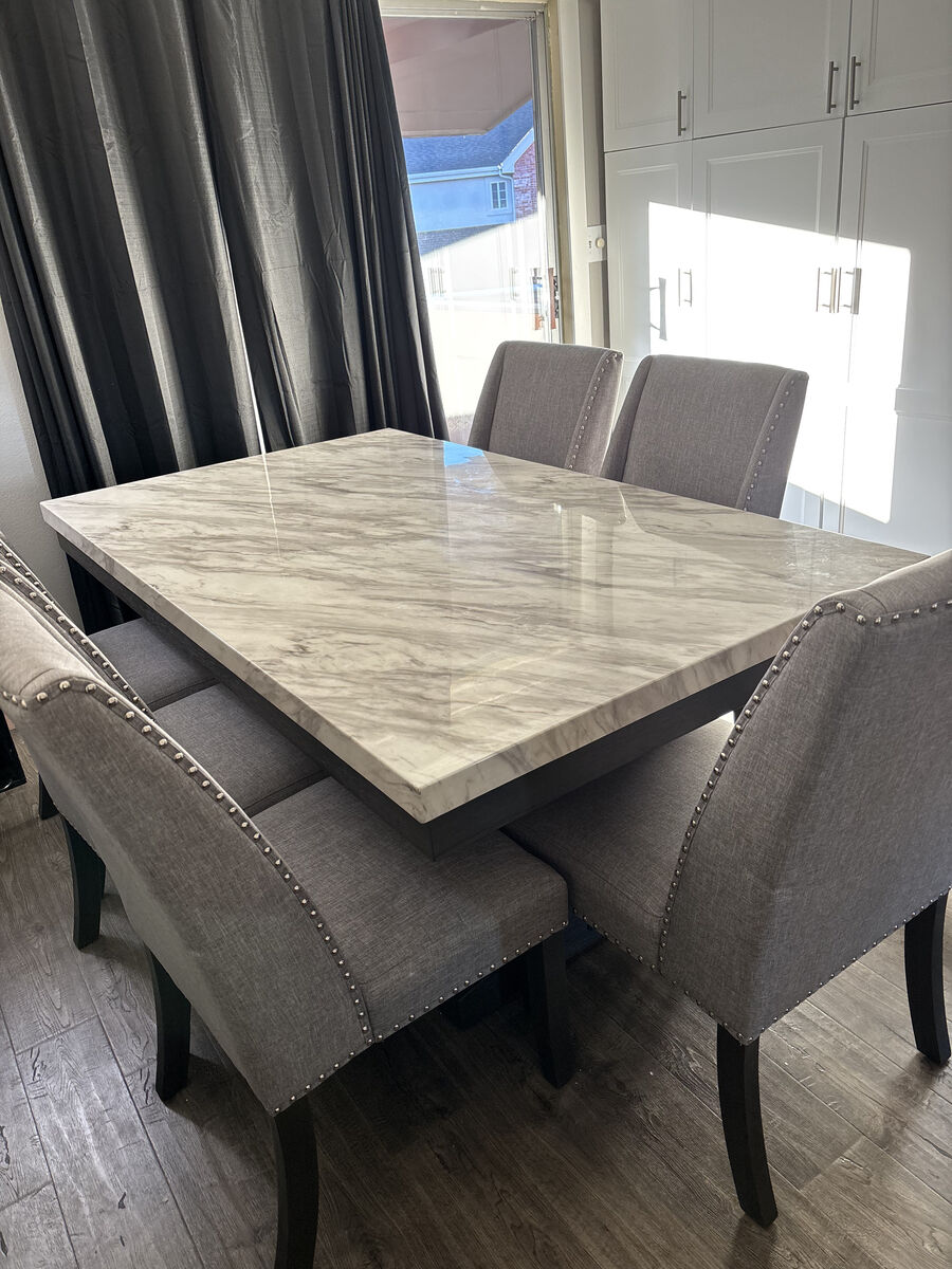 Faux Marble Dining Set with 6 upholstered chairs