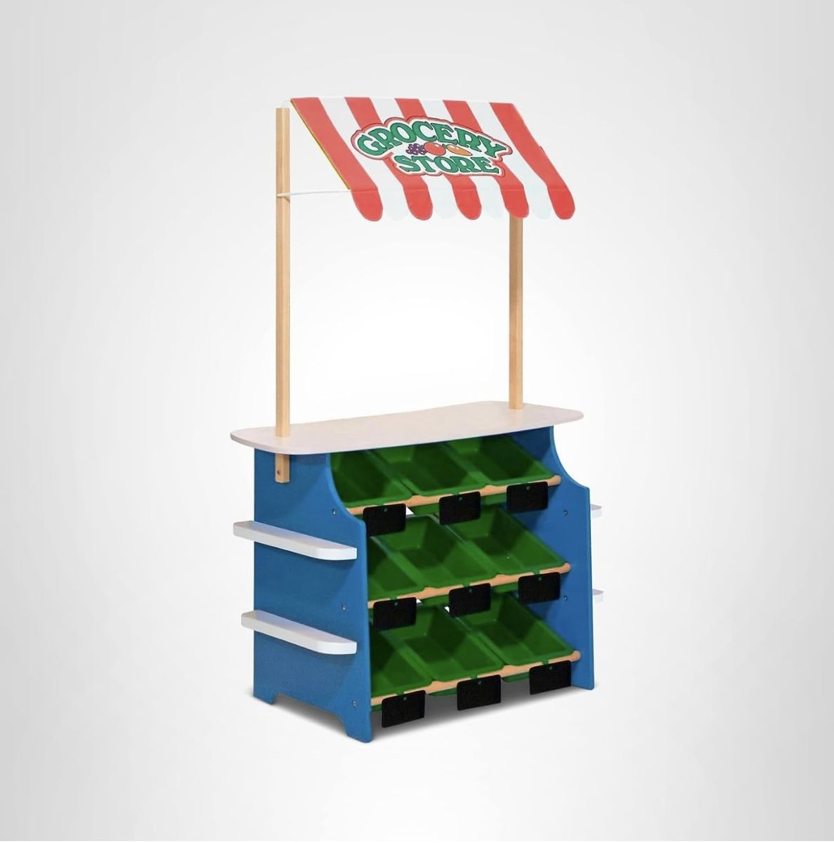Wooden Grocery Store and Lemonade Stand - Reversible Awning, 9 Bins, Chalkboards
