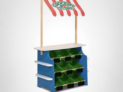 Wooden Grocery Store and Lemonade Stand - Reversible Awning, 9 Bins, Chalkboards