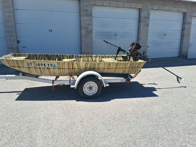 Camo Jon Boat with Trailer and 7.0 HP rat tail Motor - Ready for Fishing & Hunting