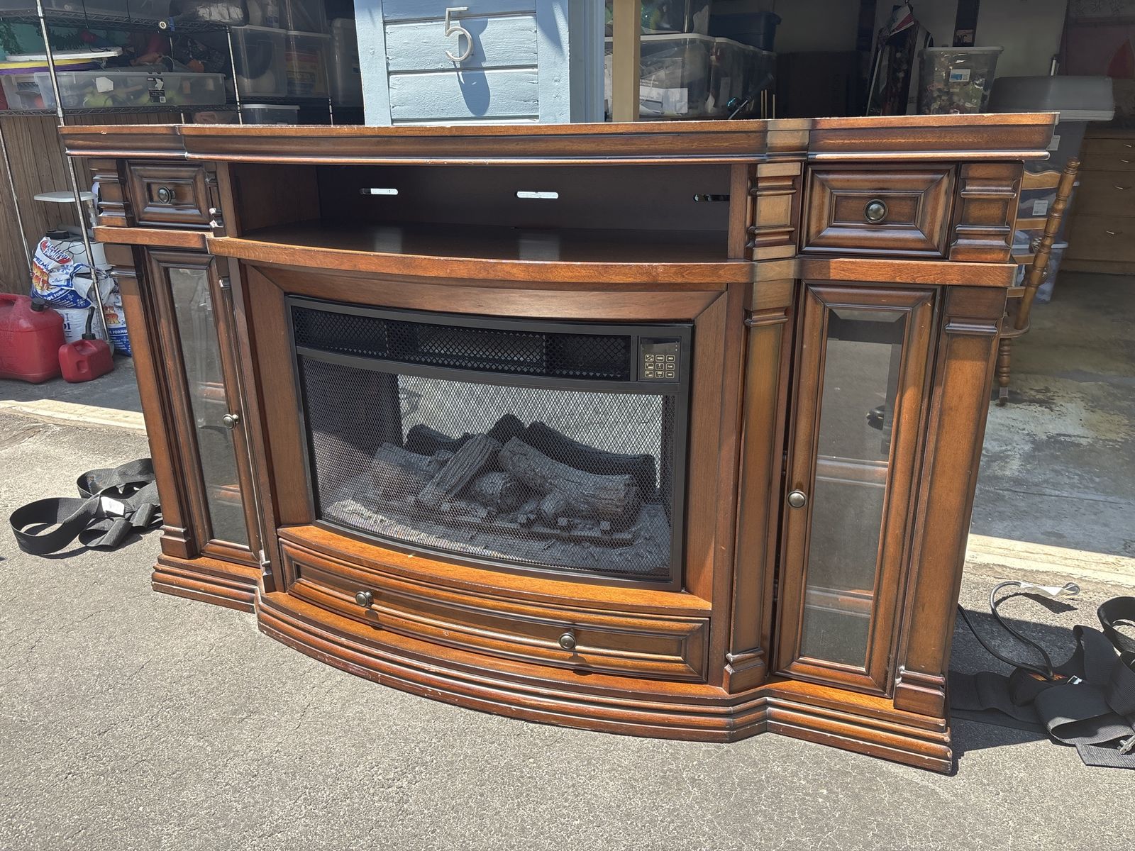 Electric Fireplace TV Stand Media Console - Dark Wood with Cabinets & Shelves
