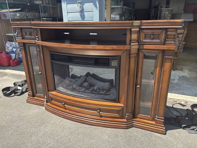Electric Fireplace TV Stand Media Console - Dark Wood with Cabinets & Shelves