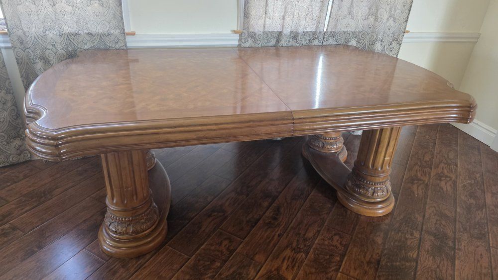 Large Wood Dining Table with Double Pedestal Base and Parquetry Top