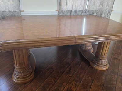 Large Wood Dining Table with Double Pedestal Base and Parquetry Top
