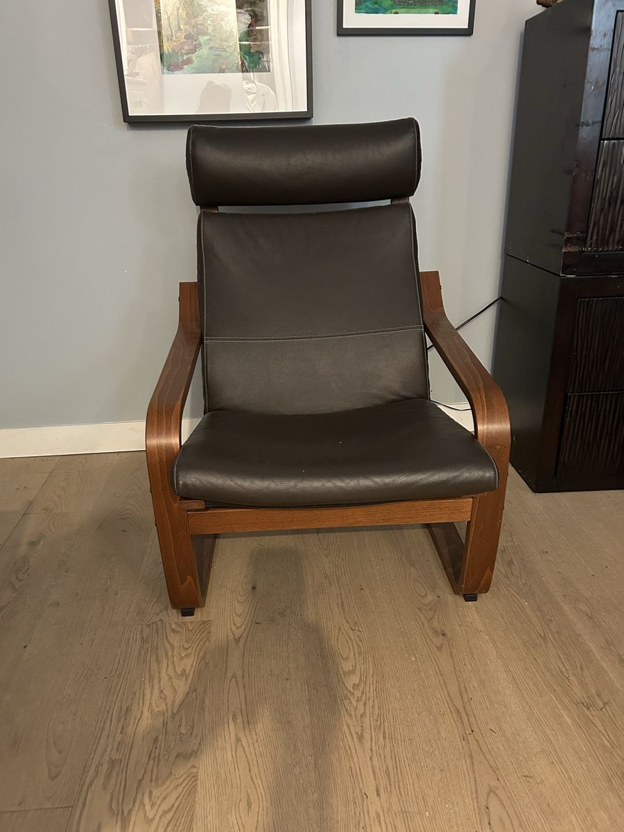 Two IKEA Poange Dark Brown Leather Accent Armchair with Bentwood Frame. Unusual in leather. One Poange in dark fabric. 