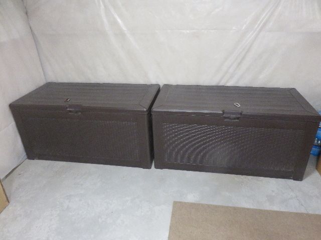 PAIR OF LIKE NEW RUBBERMAID XL DECK STORAGE CHESTS WITH LOCKABLE FLANGES - ABOUT 130 GALL CAPACITY - PREFER TO SELL AS A PAIR