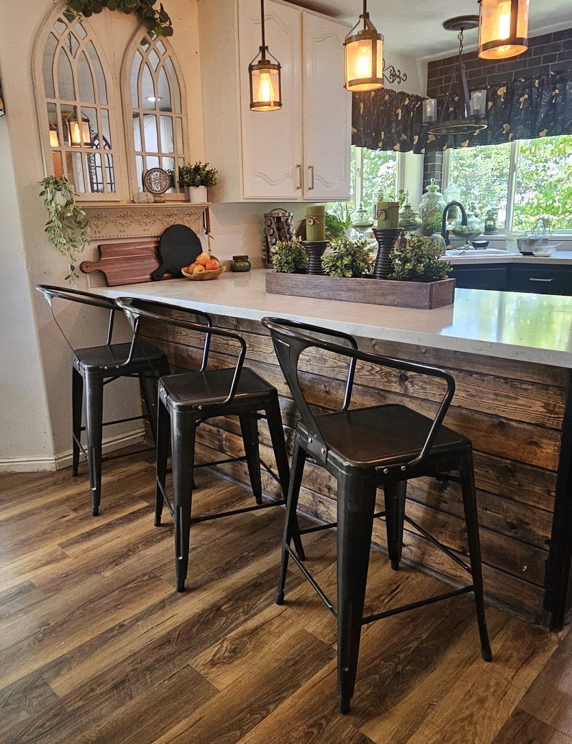 Industrial Style Metal Bar Stools Set (3) - Gunmetal Finish, Backed, Footrest