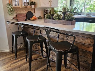 Industrial Style Metal Bar Stools Set (3) - Gunmetal Finish, Backed, Footrest