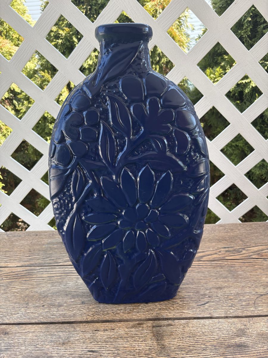 Large Cobalt Blue Embossed Floral Ceramic Vase – 18”