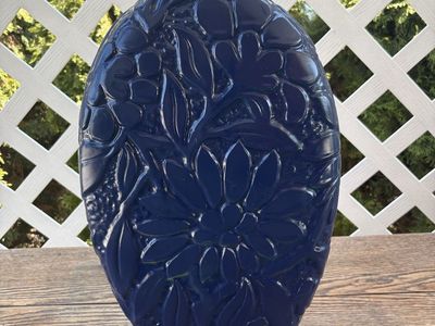 Large Cobalt Blue Embossed Floral Ceramic Vase – 18”