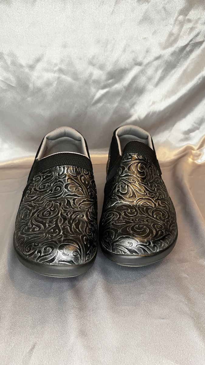 Ladies Alegria Black and Silver Paisley design slip in shoes