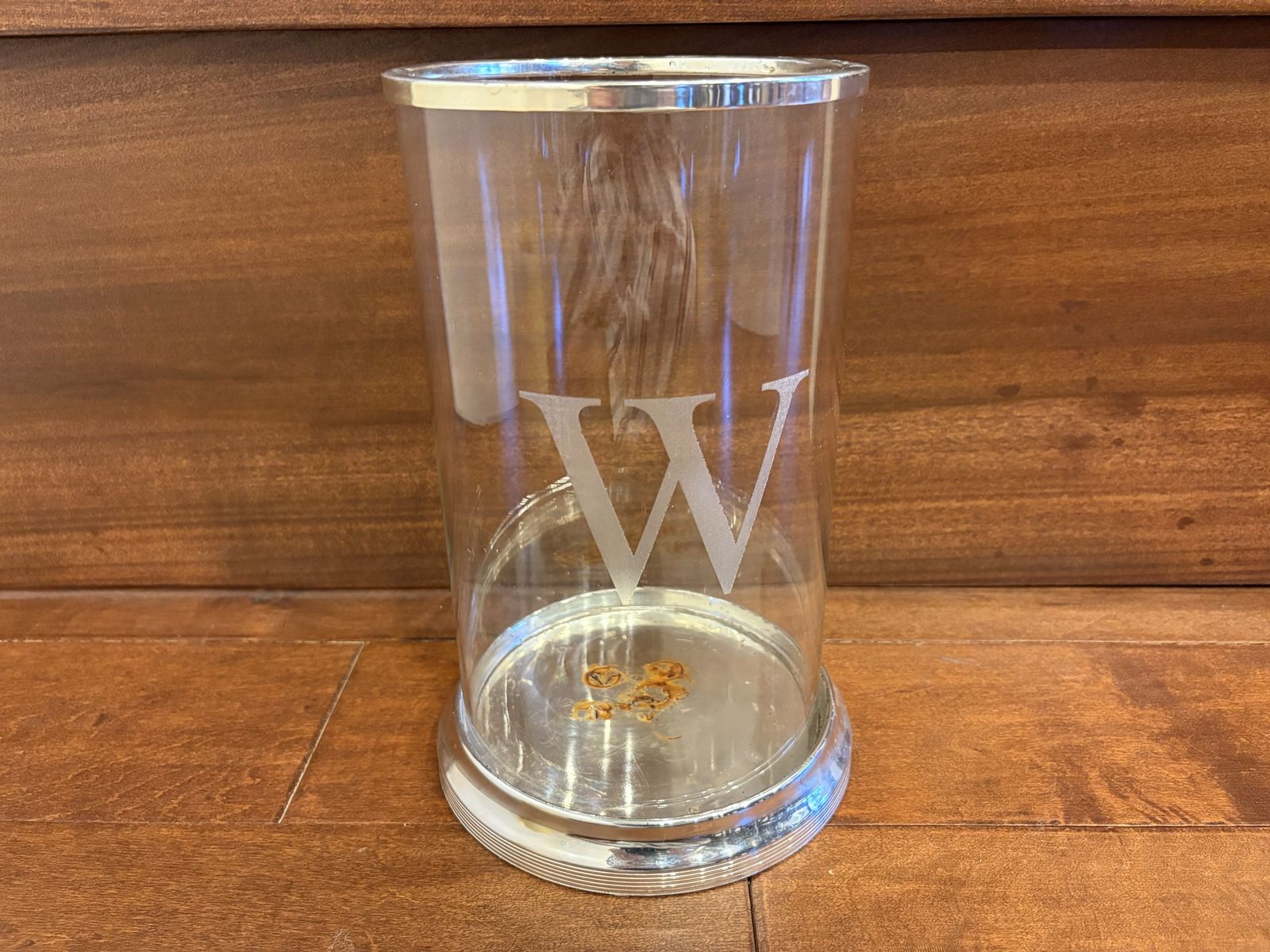 Pottery Barn Hurricane Glass Candle Holder w/ Etched W
