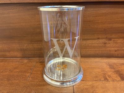 Pottery Barn Hurricane Glass Candle Holder w/ Etched W