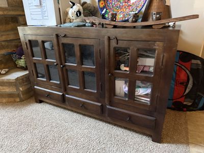 Wooden Media Console Cabinet - Dark Wood Entertainment Center with Glass Doors and Drawers