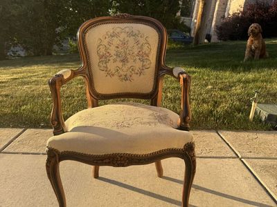 Vintage French Provincial Carved Wood Needlepoint Accent Arm Chair Floral Beige