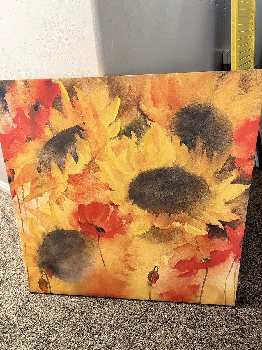 Vibrant Sunflower & Poppy Canvas Wall Art - Floral Watercolor 35”-35”