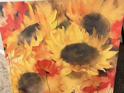 Vibrant Sunflower & Poppy Canvas Wall Art - Floral Watercolor 35”-35”