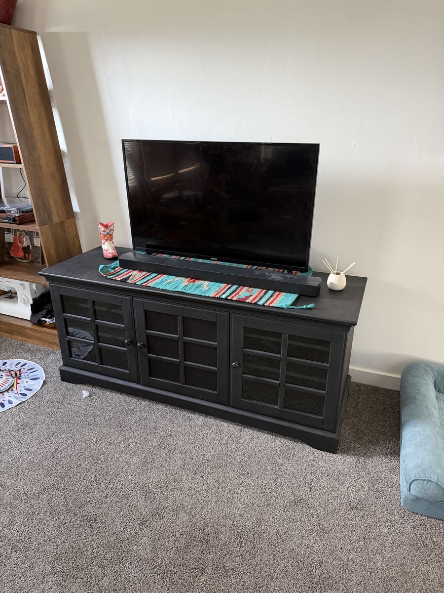 Black Wooden TV Stand Media Console with Glass Pane Doors