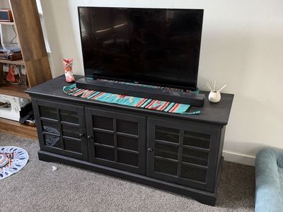 Black Wooden TV Stand Media Console with Glass Pane Doors